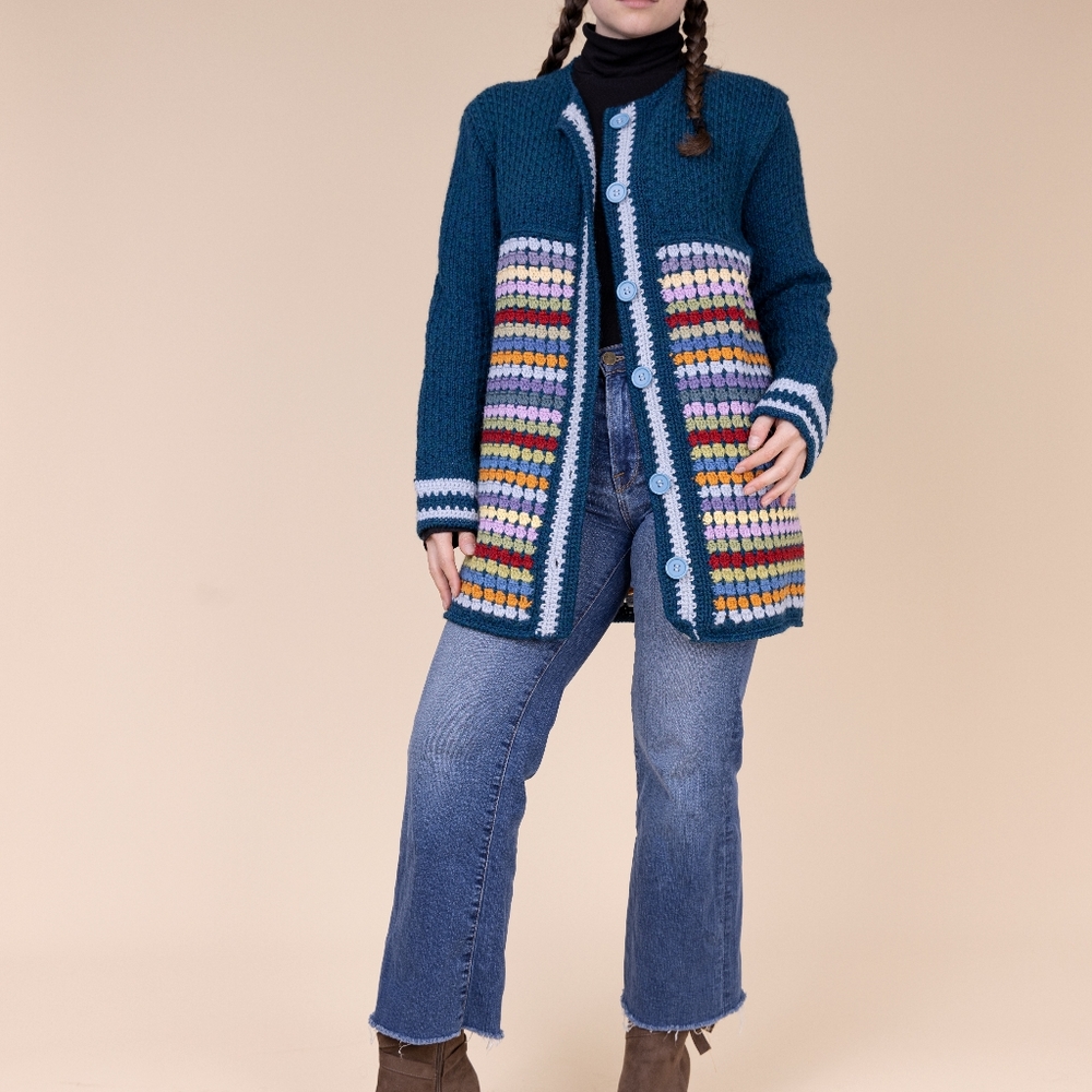 Vtg Handmade Rainbow Fisherman Cardigan Cottagecore Pastel Grannycore Boho